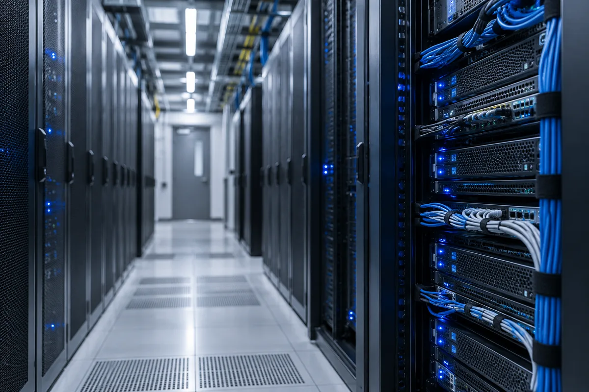 Baie de serveurs aux diodes bleues dans un couloir technique vide