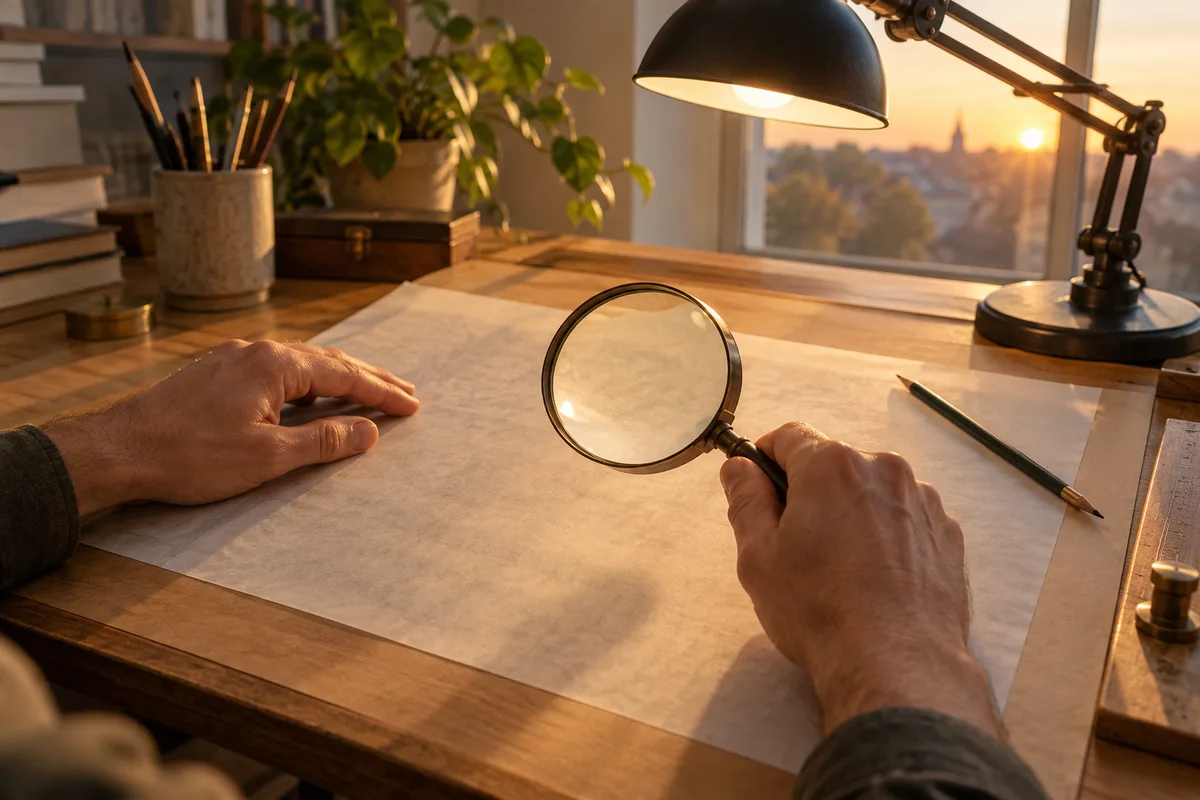 Mains tenant une loupe au-dessus d’une feuille de calque unie sur une table à dessin