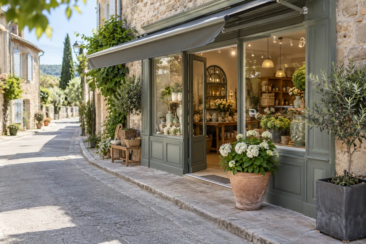 Devanture d’une boutique de village au store relevé, pot de fleurs posé devant la porte, rue calme au matin