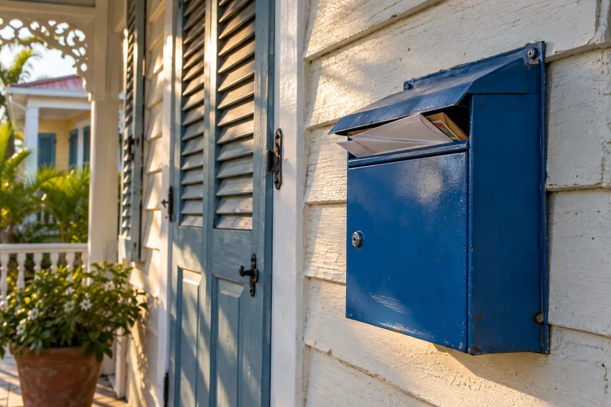 Boîte aux lettres en métal bleu fixée sur un mur de maison créole