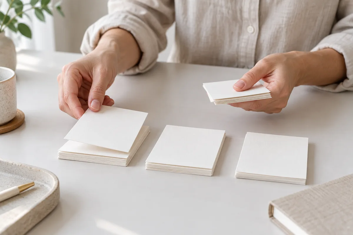 Mains triant des cartes cartonnées vierges en trois piles sur un bureau clair