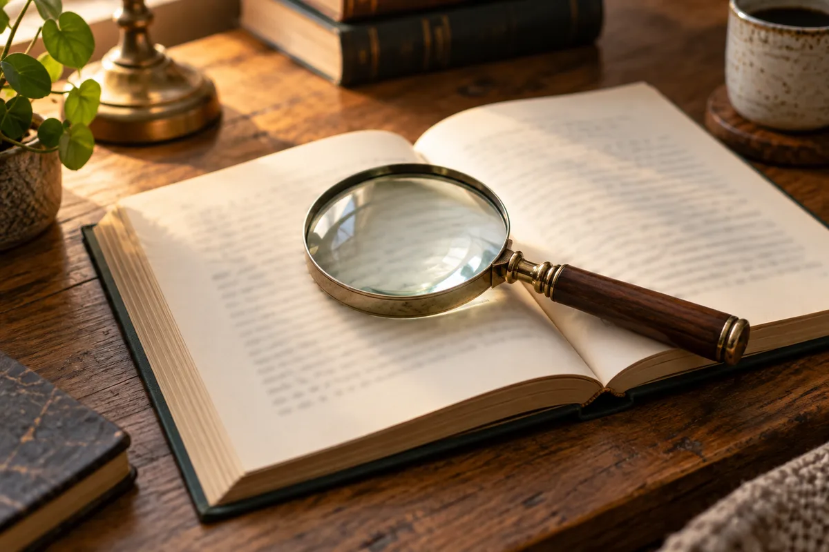 Loupe posée sur un livre ouvert aux pages floues, bureau en bois