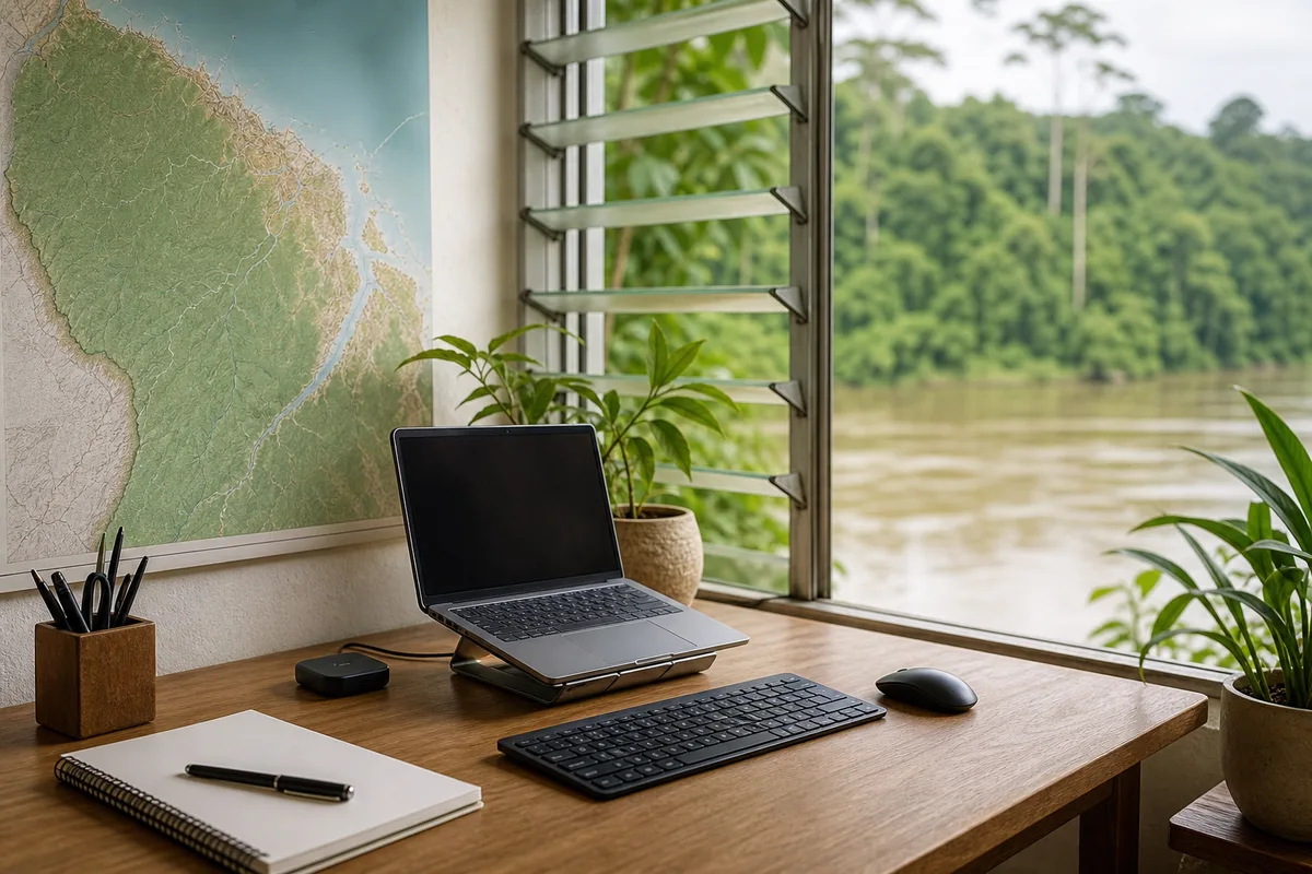 Poste de travail d&rsquo;un développeur web devant une carte du littoral guyanais