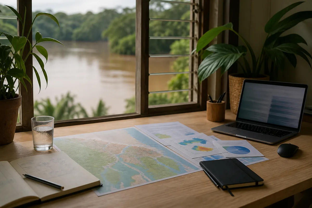 Vue d&rsquo;un poste de travail avec un plan de Cayenne et des données de recherche